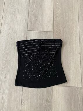 Y2K Sabora Black Rhinestone Corset Strapless Top Size Large
